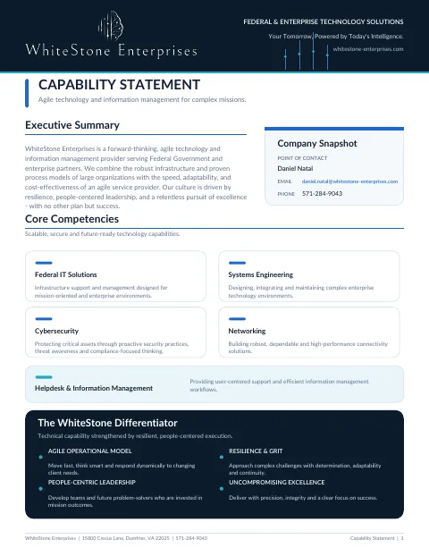 Preview of the WhiteStone Enterprises Capability Statement first page