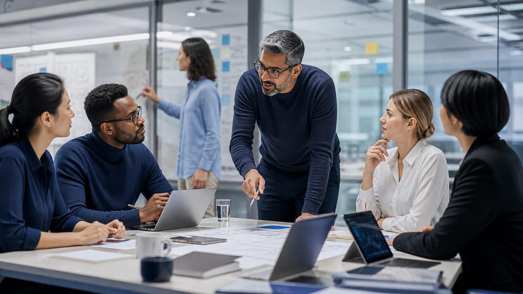 Technology professionals collaborating in a corporate planning session
