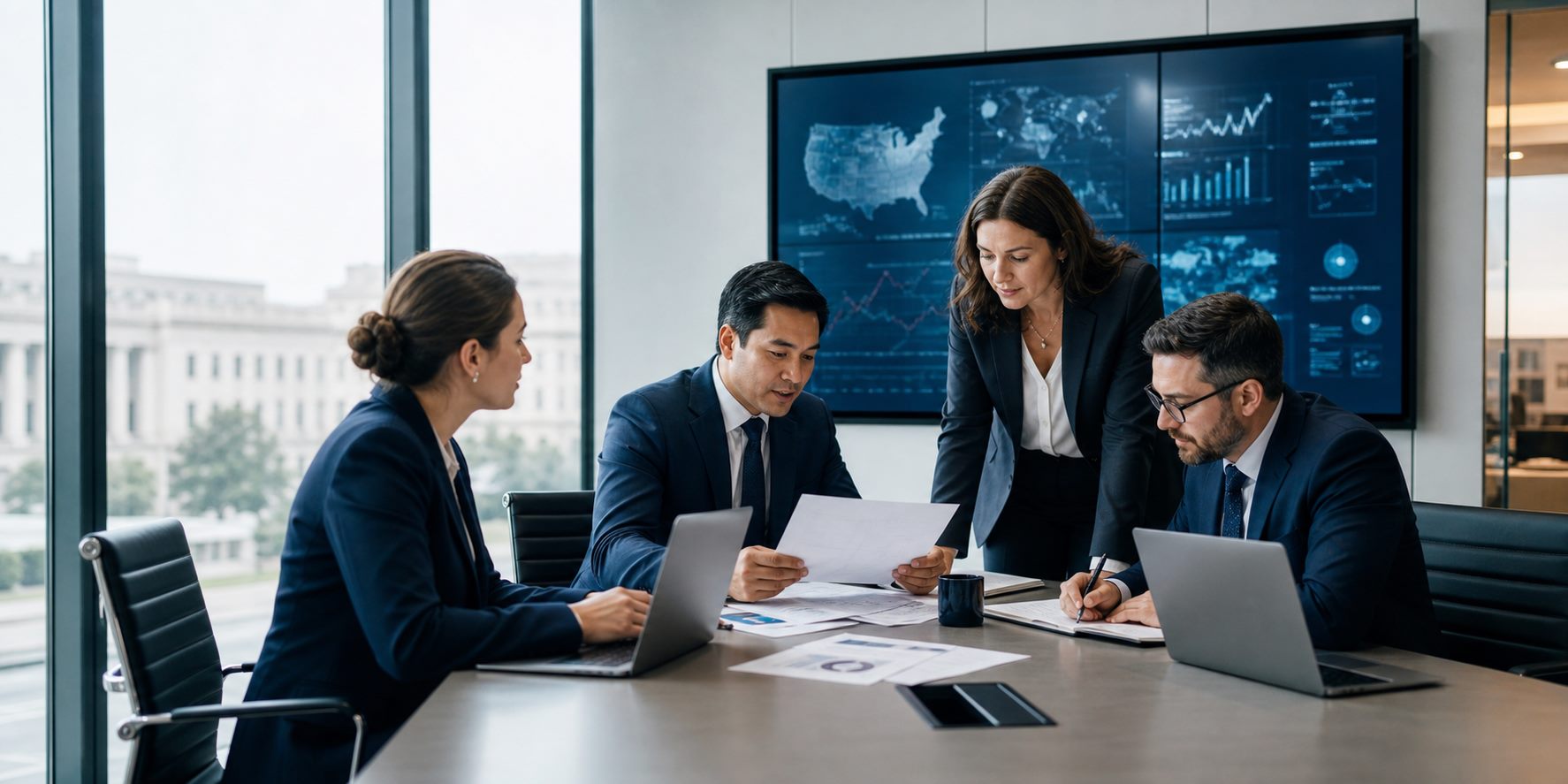Professionals reviewing federal technology planning materials in an institutional office