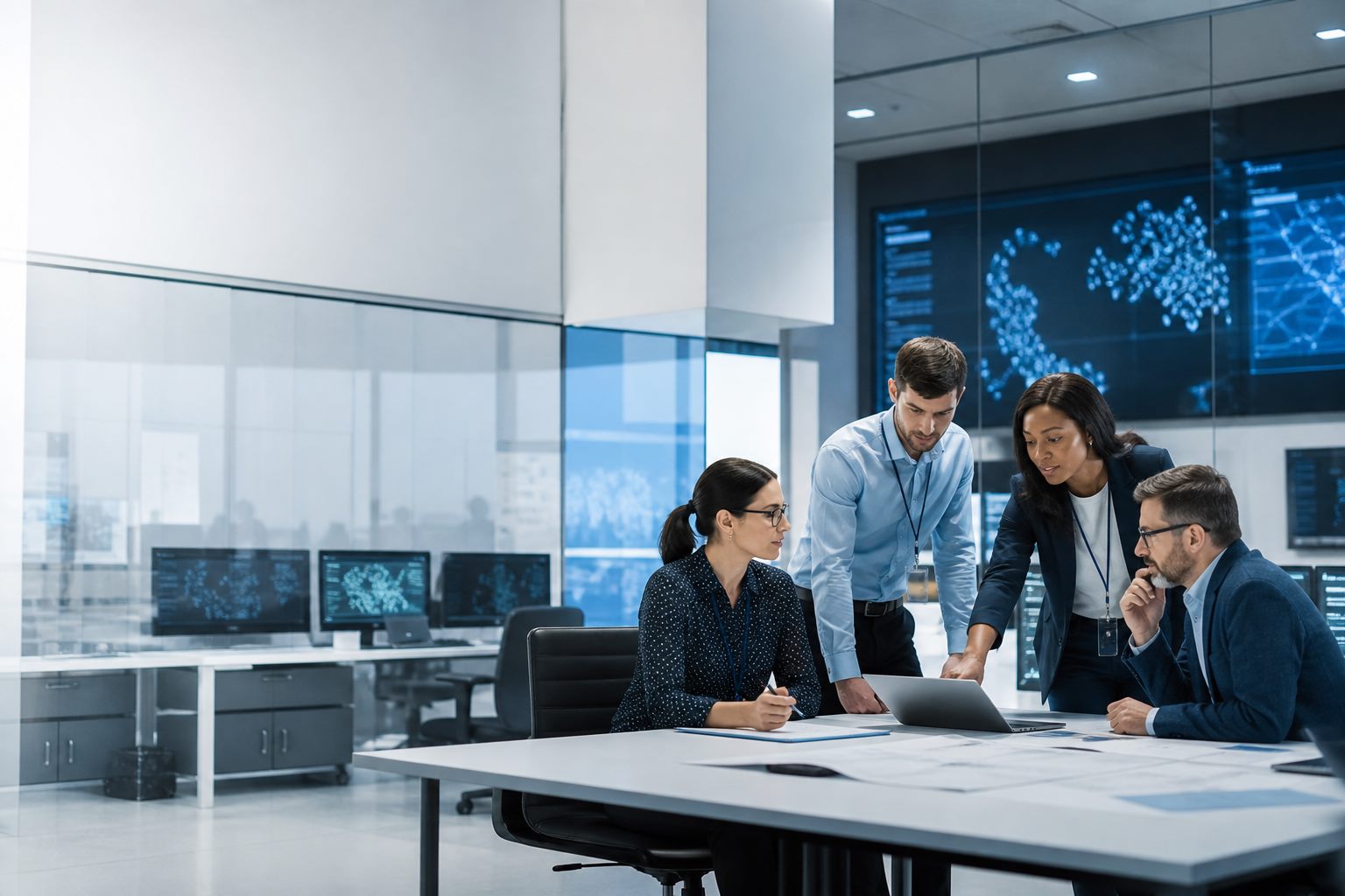 Enterprise technology professionals collaborating in a modern operations environment